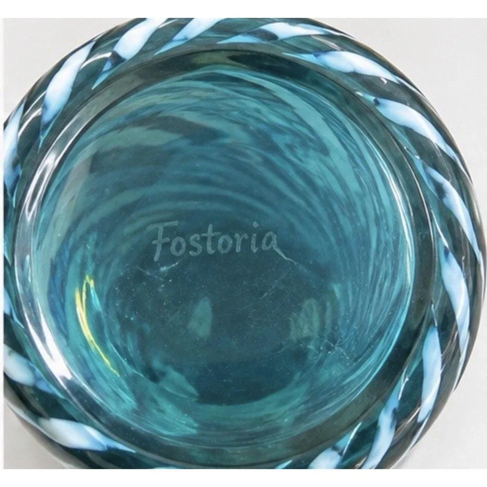 Vintage Fostoria Art Glass Tumbler Set Of 6 Blue/Teal Spiral Signed Hand Blown